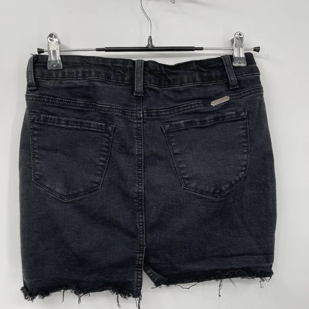 Kancan Jean Skirt Women S Black Denim Short Mini Raw Fray‎ Hem Stretch Med Wash